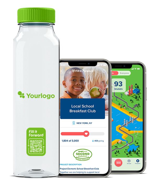 clear bottle with green lid and "yourlogo" on the front with a QR code in green and two cellphones