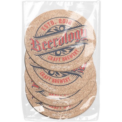 Set of 4 Natural Cork Coasters 3/16" (3.5" dia.) Full Colour Imprint Polybagged