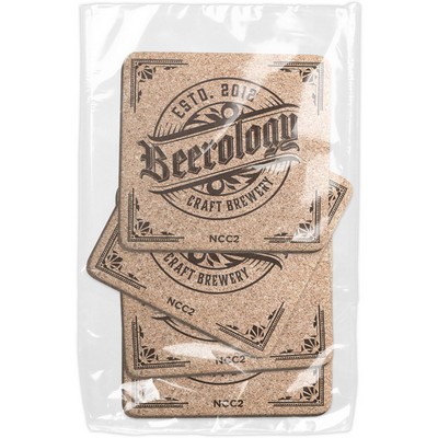 Set of 4 Natural Cork Coasters 3/16" thick, Square (3.5" x 3.5"), Laser engraved Polybagged