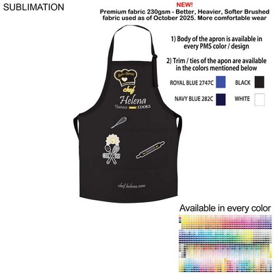 Colored Sublimated Bib Apron, 25x28, 2 Pockets, Adjustable Neck, White or Stock Colored Ties