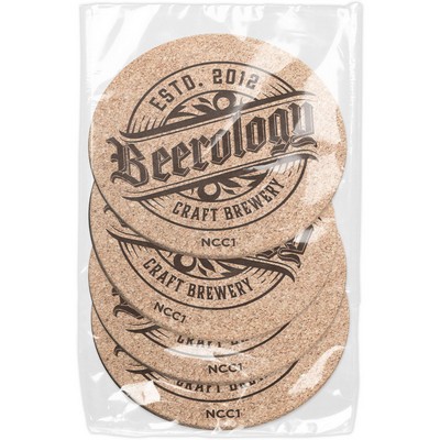 Set of 4 Natural Cork Coasters 3/16" (3.5" dia.) Laser engraved Polybagged